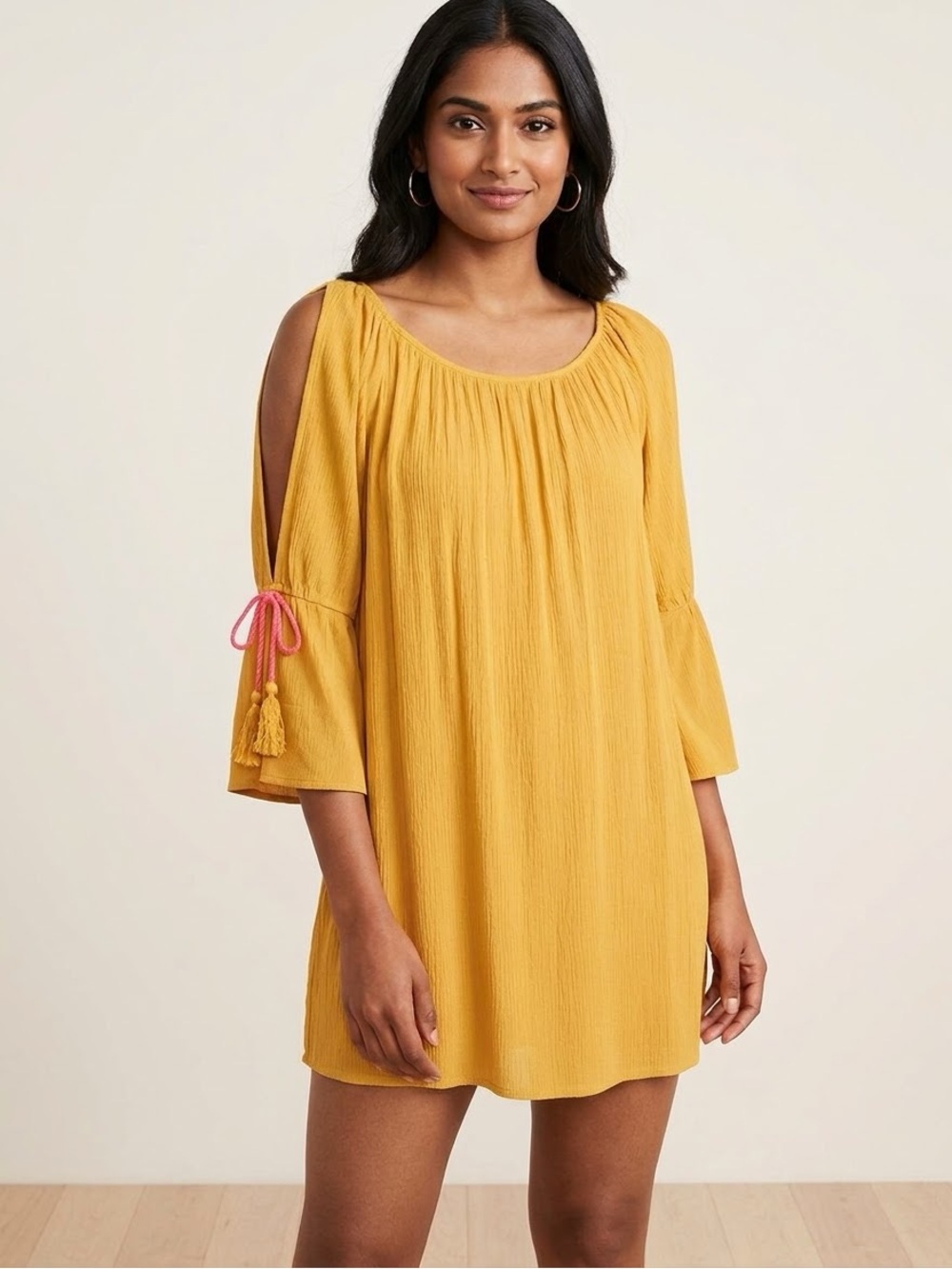 Women's "Brand C" Mustard Yellow Cold-Shoulder Gauze Dress – Size Large
